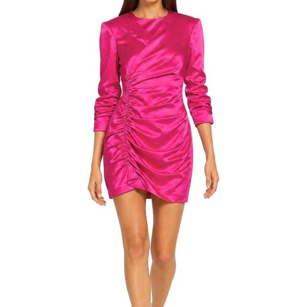Cinq à Sept Natalia Ruched Mini Dress Pink Azalea Satin NWT Size 4 Cocktail